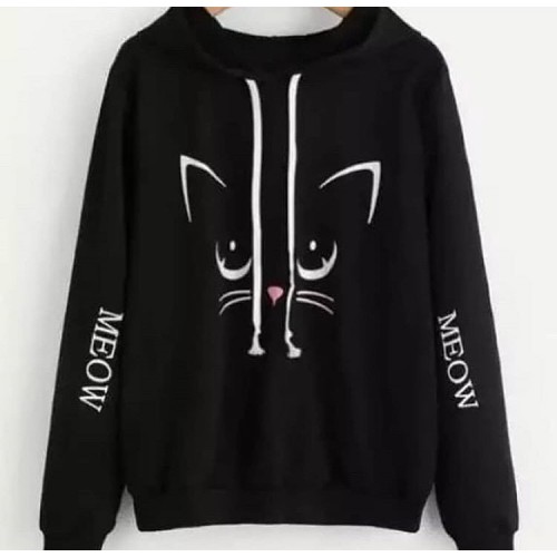 Buy Meow Black Pullover Hoodies For Girls